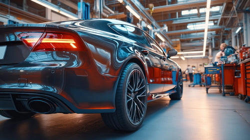 Car in a workshop with people in the background.