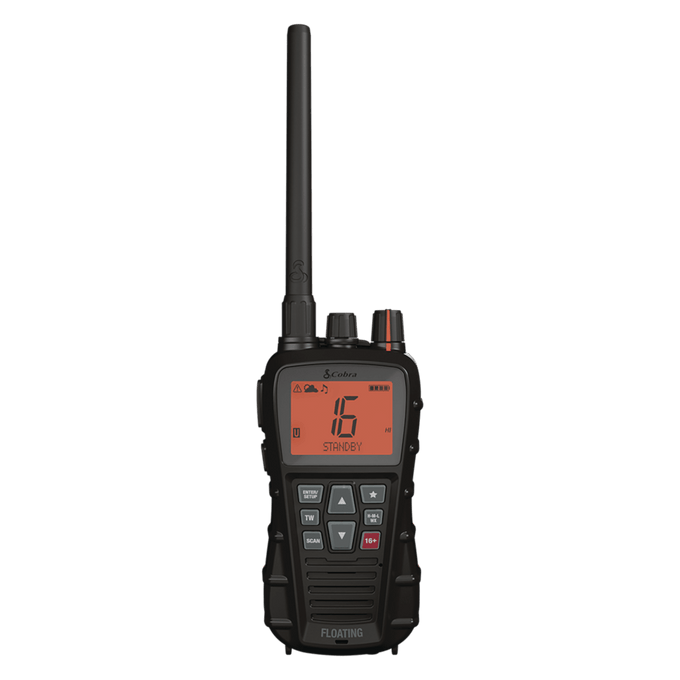 Front view of a black Cobra BlueBound 350 VHF marine radio