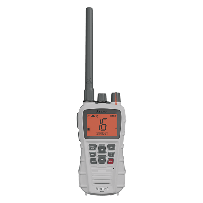 Front view of a white Cobra BlueBound 350 VHF marine radio