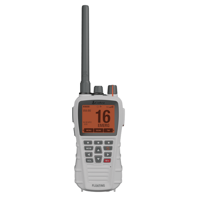 Front view of a white Cobra BlueBound 650 handheld marine radio device