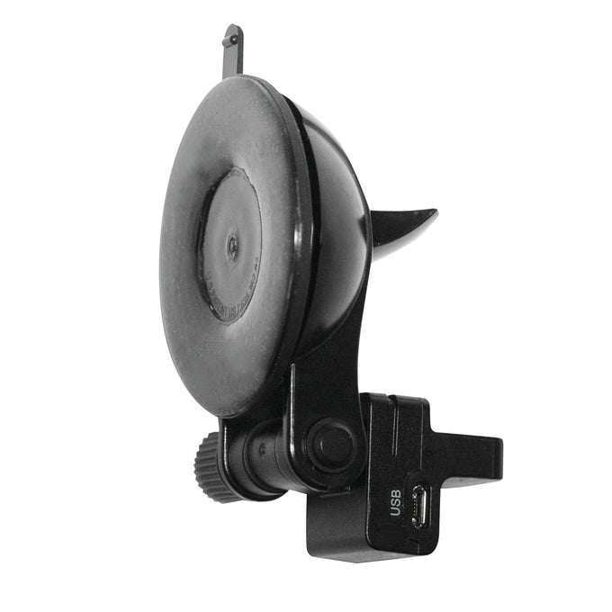 A black suction mount accessory for Cobra SC 200 and SC 400 dash cameras, with visible adjustment knobs and a magnetic GPS mounting point and micro-USB power connection.