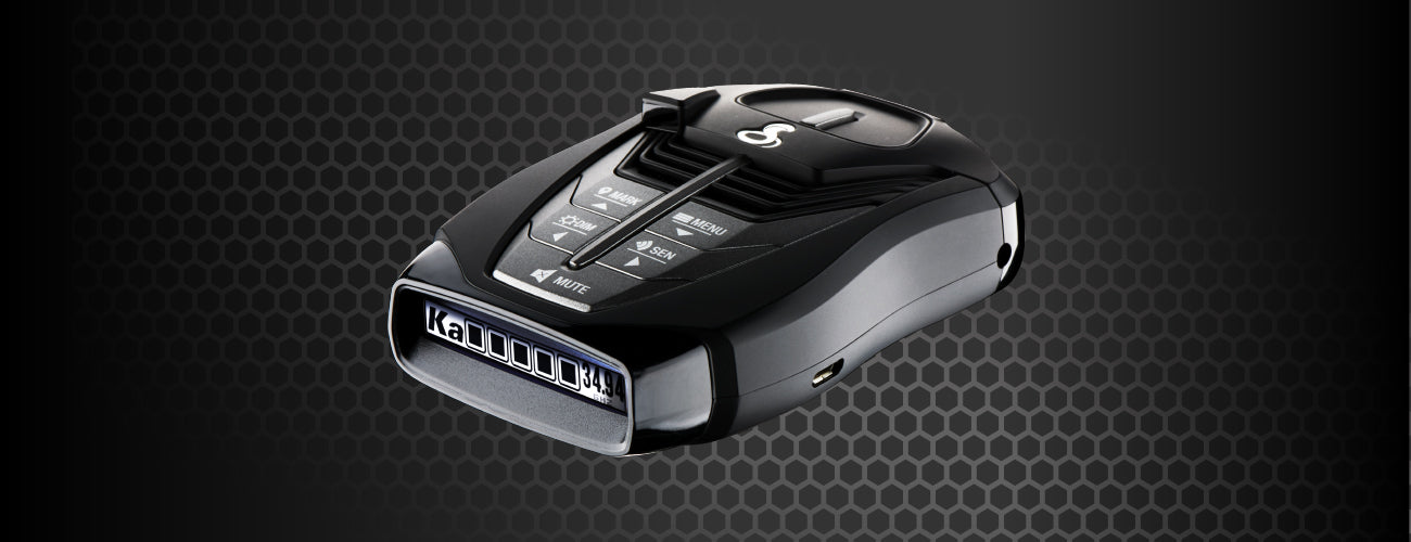 Angled view of a Cobra RAD 480i on a black and grey honeycomb background