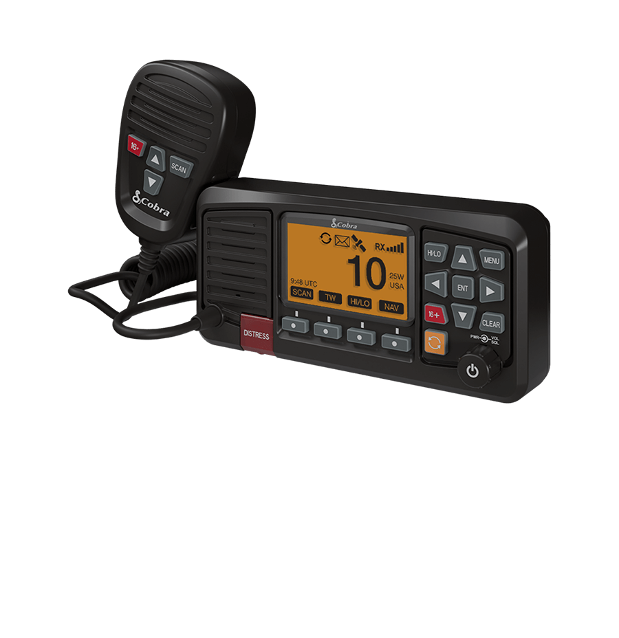 Angled view of a black Cobra BlueBound 1350 fixed mount marine radio