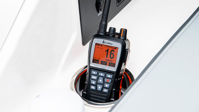 Cobra BlueBound handheld radio set to emergency channel 16