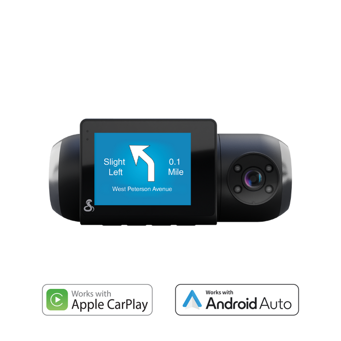 Cobra SC 201 dashcam with a display showing a navigation arrow and the brand logos for Apple CarPlay and Android Auto compatibility