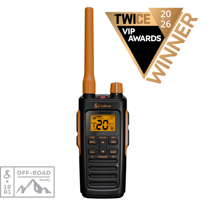 A Cobra TrailBlazer 450 handheld radio shown upright on a black background, with an orange antenna and orange side buttons. A large gold and black 'TWICE 2026 VIP AWARDS WINNER' badge appears in the upper right, and an 'OFF-ROAD Ready' graphic appears in the lower left.