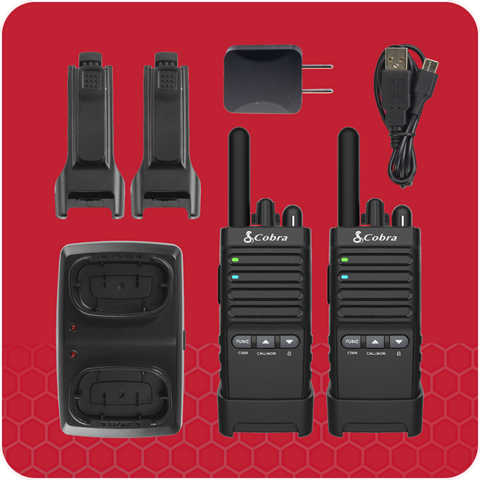 This retail pack of Cobra PX650 business radios includes 2 radios, 2 holsters, a charging dock that accommodates 2 radios, a USB power adapter, and a USB charge cable