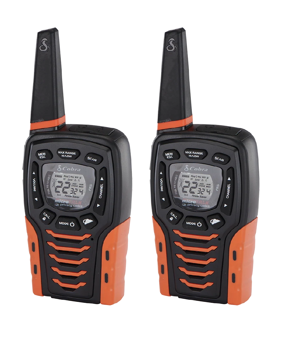Black and orange Cobra ACXT645 walkie-talkies with a digital display and antenna, designed for outdoor use.