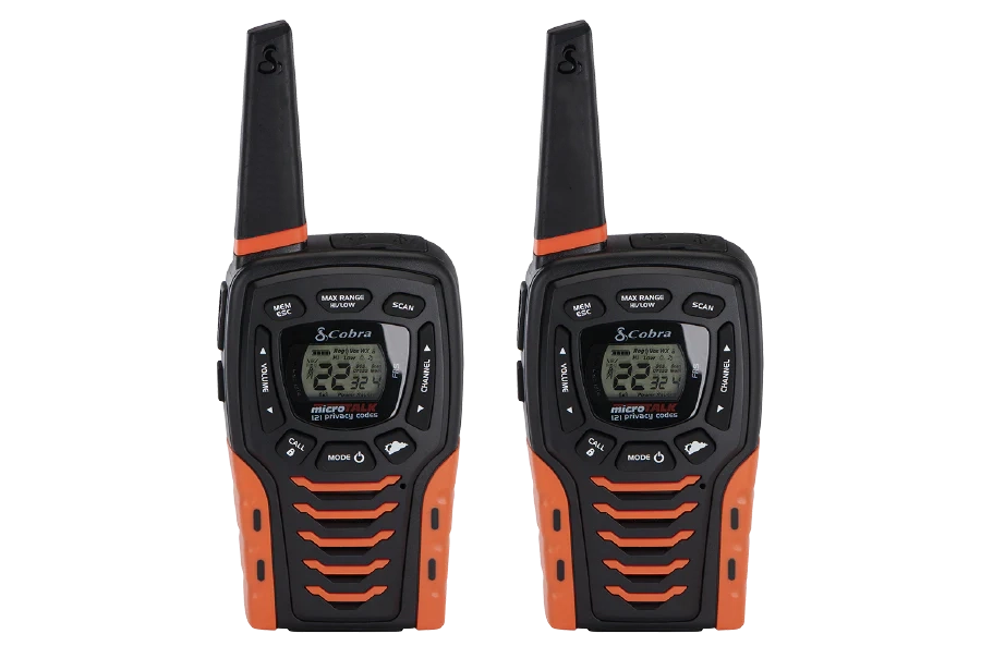 black and orange Cobra ACXT645 walkie-talkies with a digital display and antenna, designed for outdoor use.