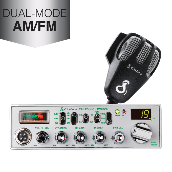 Front view of a black Cobra 29 LTD Dual-Mode CB Radio