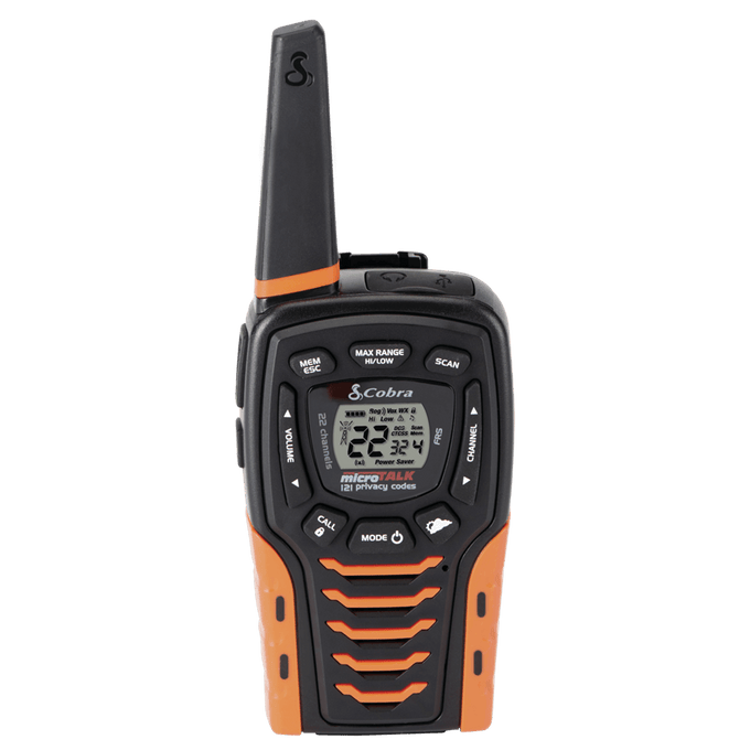 A black and orange Cobra ACXT645 walkie-talkie with a digital display and antenna, designed for outdoor use.