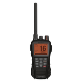 Front view of a black Cobra BlueBound 650 handheld marine radio device