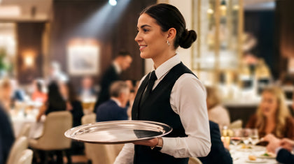 A female restaurant server carries a silver tray