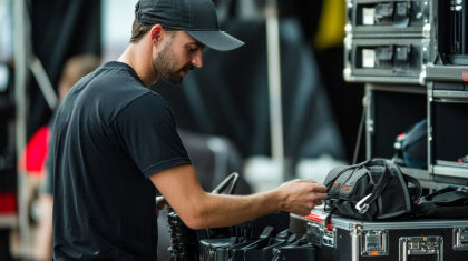 A man in a black t-shirt and baseball cap working with equipment cases in event setup.
