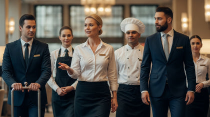 A group of hospitality staff walking in a hotel lobby