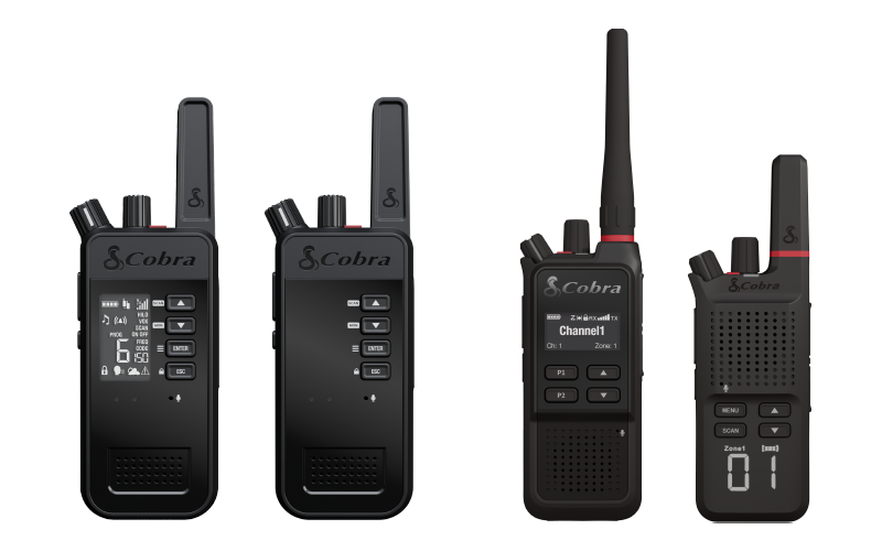 Four black Cobra Business walkie-talkies arranged side by side.