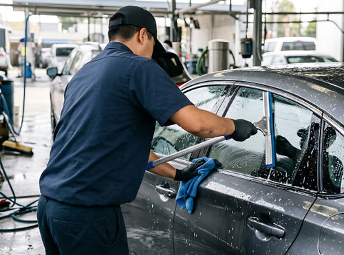 A car wash attendant cleaning a dark gray sedan window using a squeegee and blue towels