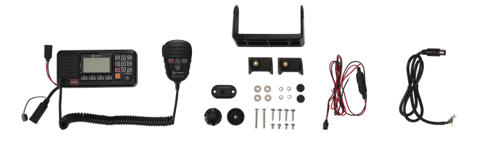 Set of electronic equipment featured in the Cobra BlueBound 1350 marine radio from left to right: Cobra BlueBound 1350 radio, Microphone, Surface Mounting Kit, Flush Mounting Kit, Power Cable and Accessory Data Cable