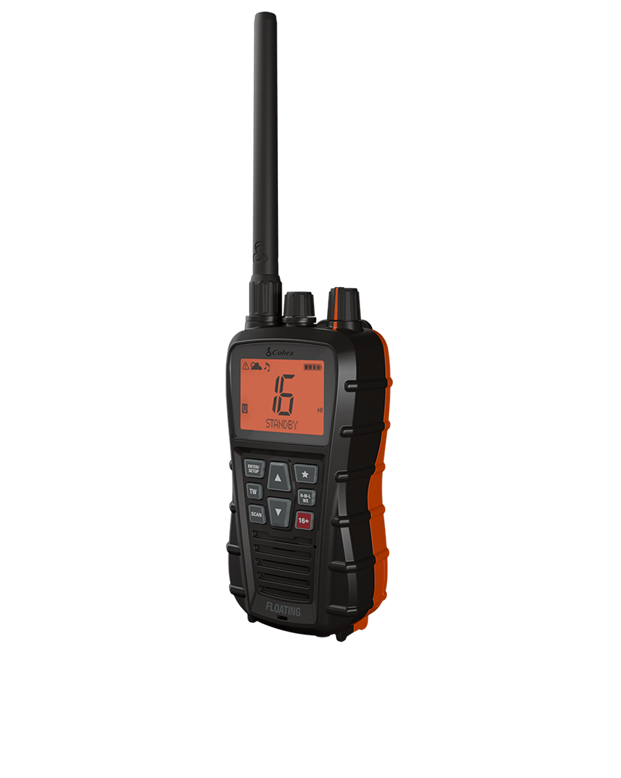 Angled view of a black Cobra BlueBound 350 marine radio