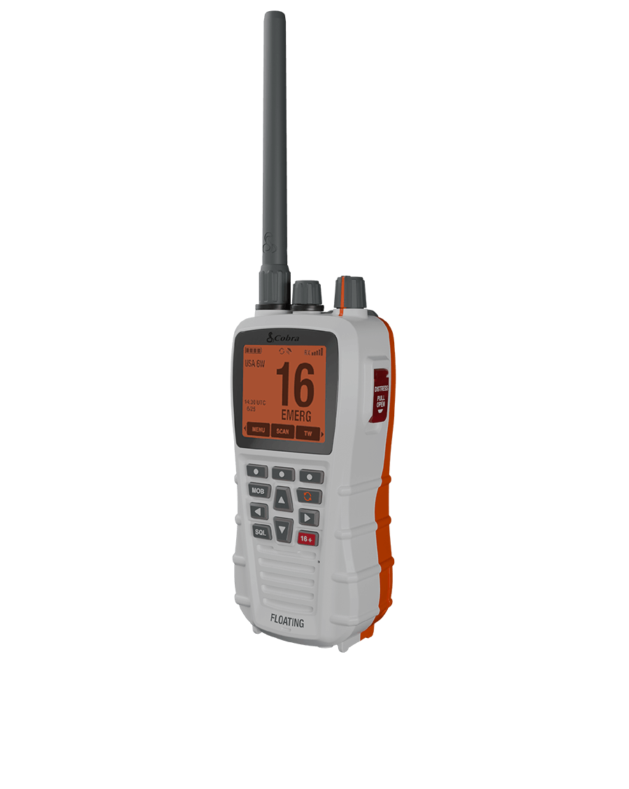 Angled view of a white Cobra BlueBound 650 handheld marine radio