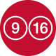 Circular icon with the text '9 16' inside white outlined circles on a red background