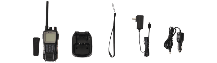 Set of electronic devices including a Cobra BlueBound 350 marine radio, accompanying USBC charging doc, and cords
