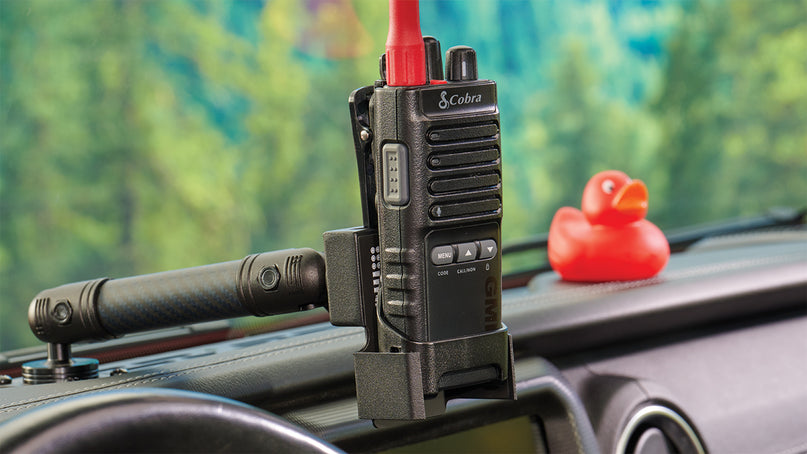 Cobra Trailblazer 500 GMRS radio mounted to vehicle dash