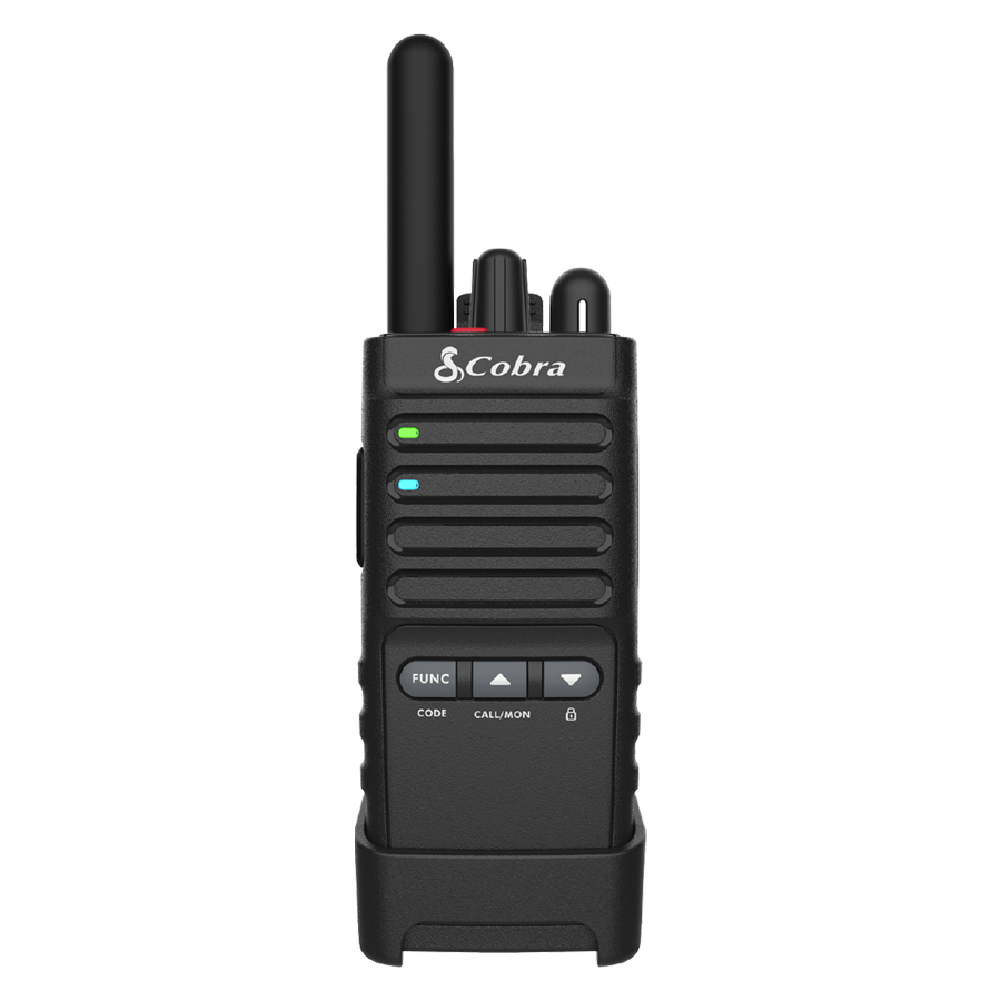 front view of a Cobra PX650 Business Radios in a swivel holster