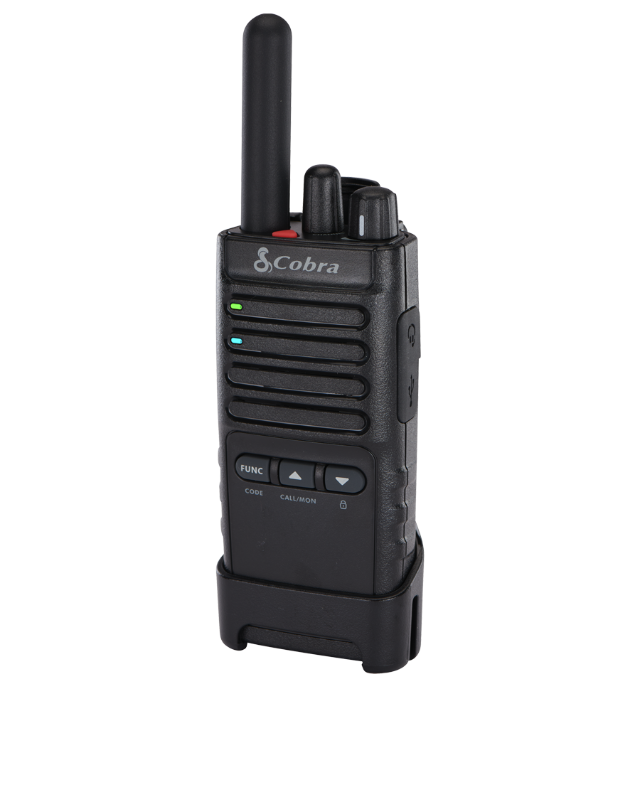 quarter-view of Cobra PX650 Business Radio in a rotating holster