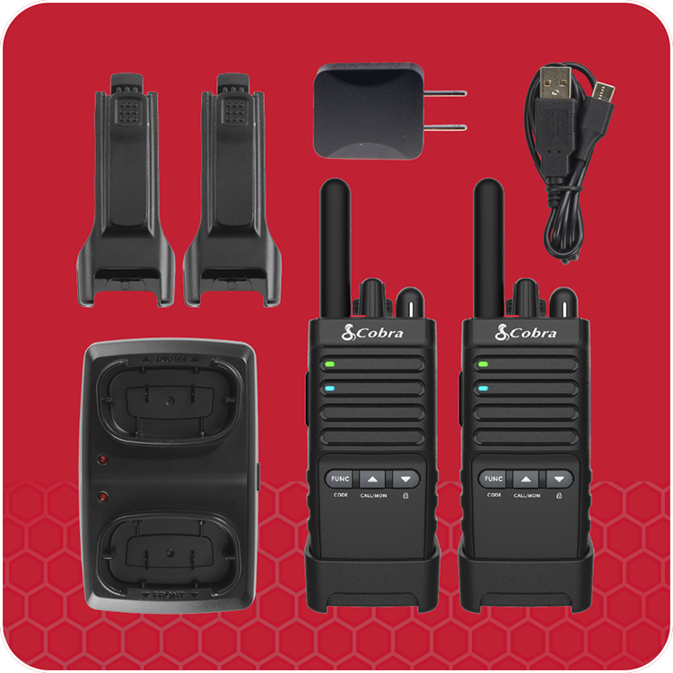 This retail pack of Cobra PX650 business radios includes 2 radios, 2 holsters, a charging dock that accommodates 2 radios, a USB power adapter, and a USB charge cable