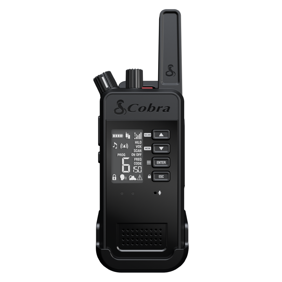Cobra Performa business radio display shows the selected radio channel and other settings