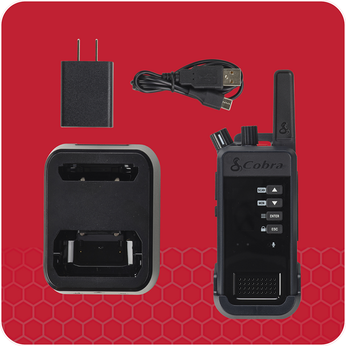 Contents of Cobra Performa business radio package include one radio, power adapter, usb plug, and charging dock