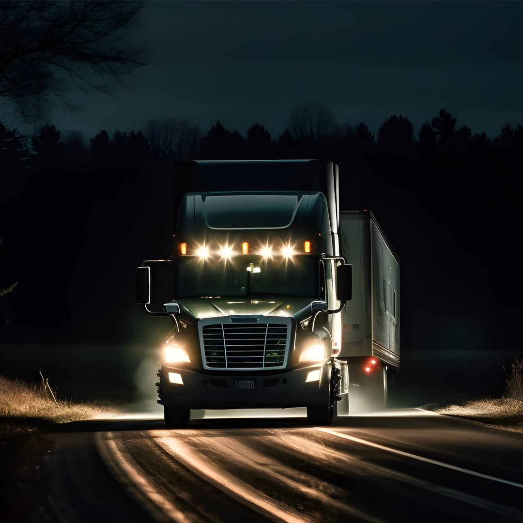 A commercial truck driving at night along a rural road